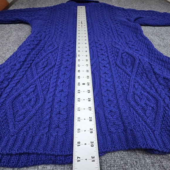Aran Crafts Merino Wool Cable Knit Cardigan Womens L Long Blue Ireland NWT - Picture 7 of 8